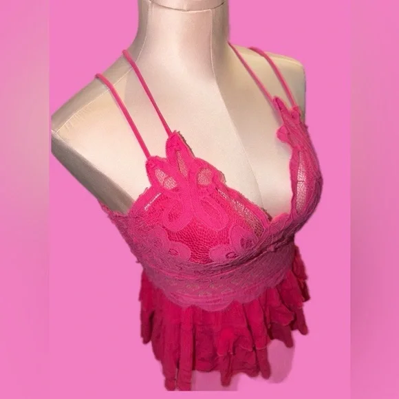 Adorable Y2K Summery Hot Pink Lace Babydoll Cami Top - Picture 5 of 6